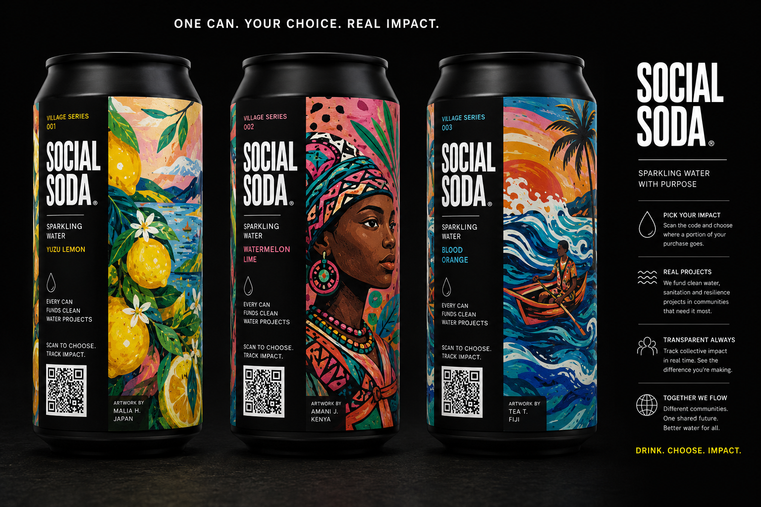 Three artist-designed Social Soda cans